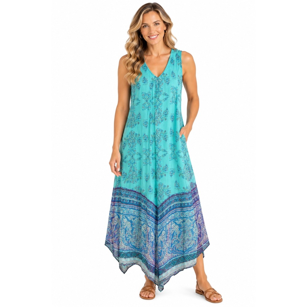 Sundance Maxi Dress 8 Turquoise Paisley Handkerchief Hem Boho Gypsy Peasant